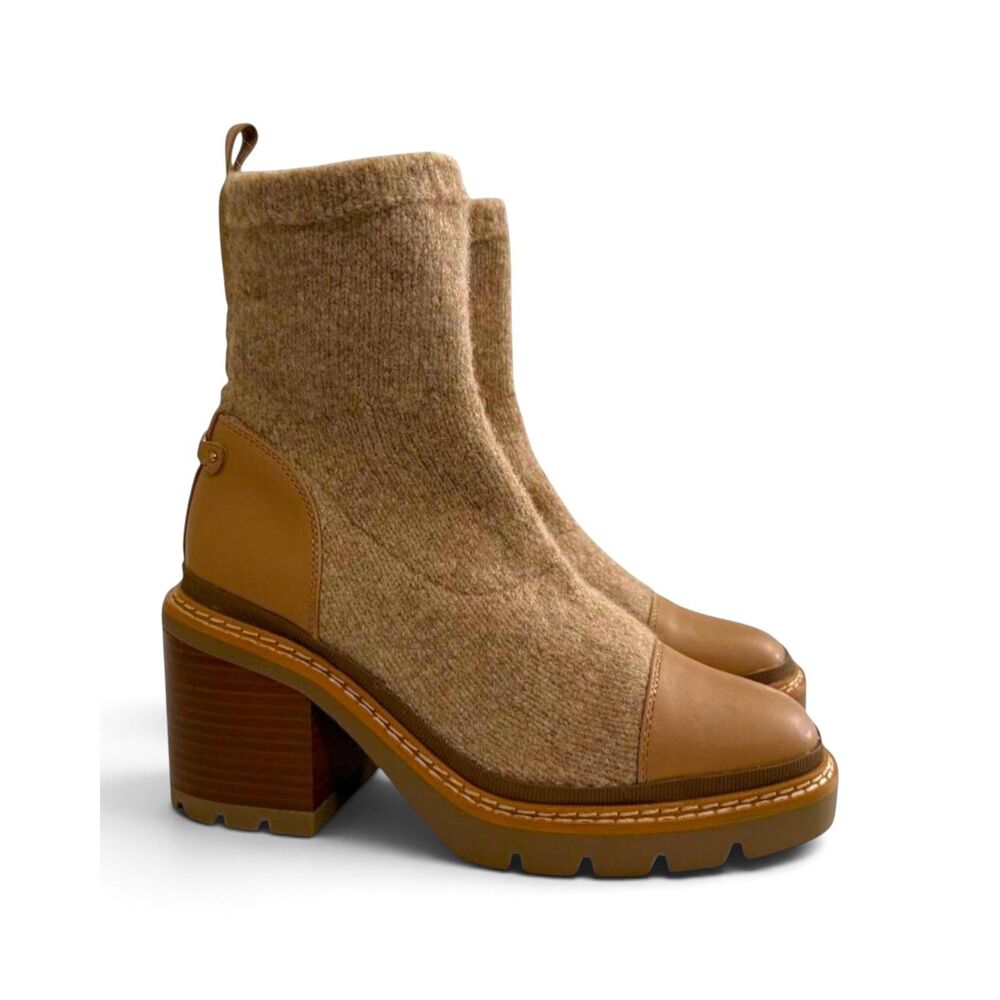 SAM EDELMAN Rozanna Luxe Tan Pull-On Lug-Sole Sweater Boot Booties, NEW! Size 9